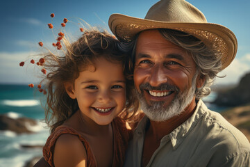 Beach, happy and elderly man with his grandchild on a family vacation during spring time.  Generative Ai.