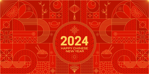 Red gold 2024 Chinese Dragon Lunar New Year card. Modern geometrical banner.