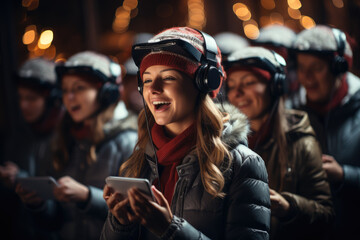 Carolers in virtual reality headsets, singing Christmas songs across digital landscapes. Concept of virtual caroling. Generative Ai.
