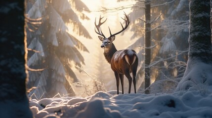 A deer standing in the snow in a forest.