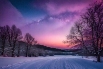beautiful evening in mountains with purple sky