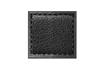 Black leather belt strap closeup isolated on white. Black stitched leather seam frame label tag...
