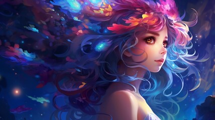 Colorful animation girl galaxy anime painting wallpaper image Ai generated art