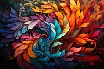 A multicolored painting of leaves and swirls. AI image.