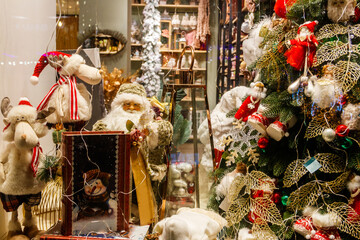 Christmas and New Year's toys in a store. Festive winter Christmas trade