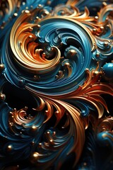 A close up of a blue and gold swirl. AI image.