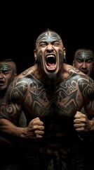 A man with tattoos on his chest and chest. Maori haka is a traditional war dance.