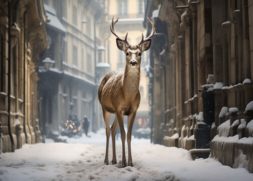 An image of a deer standing in the middle of a snow covered street in old town munich, in the style of captivating, emotional imagery, photobashing,