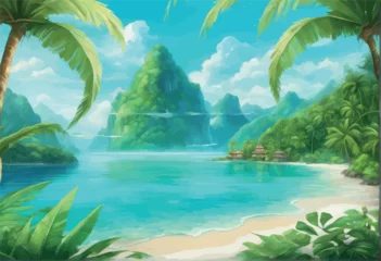 Gordijnen illustration of a beautiful tropical beach in the mountains illustration of tropical landscape illustration of a beautiful tropical beach in the mountains © Shubham