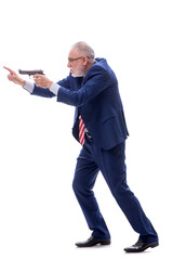 Old policeman with gun isolated on white