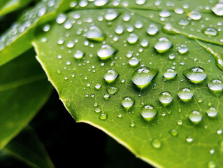 A close-up photograph of small water droplets resting on the surface of a green leaf.
