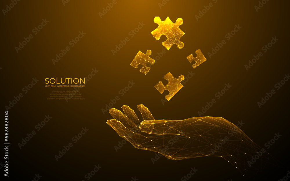 Fototapete digital puzzle hologram on a hand. success solution concept. human palm-holding puzzle. abstract jig