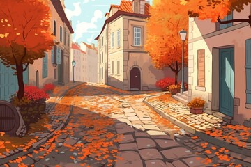 Illustration of quaint cobblestone street in warm autumn day, adorned with flowers and orange fallen leaves. Generative AI