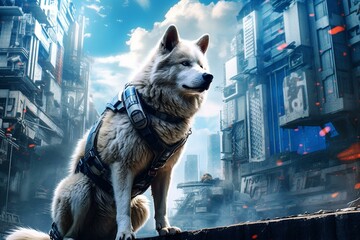 A stunning 4k wallpaper of a dog in a futuristic and fantastical urban setting, depicting heroic battles against villains. Generative AI