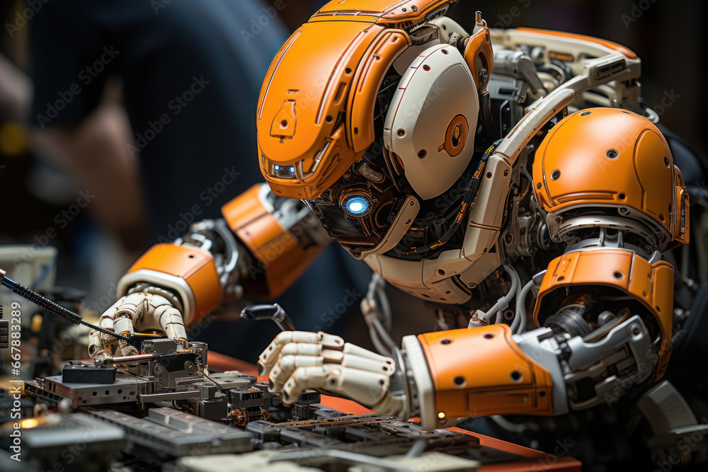 Poster micro-robots collaborating to construct and repair intricate machinery at the molecular level. gener