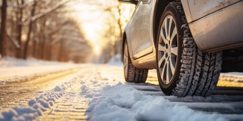 Closeup of car tires in winter on the road covered with snow - obrazy, fototapety, plakaty