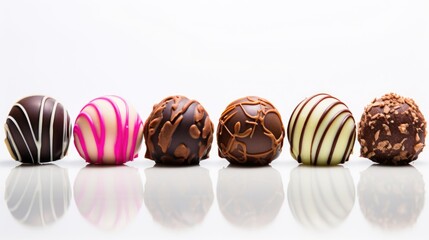 A row of chocolate candies sitting on top of a white surface. Photorealistic, on white background