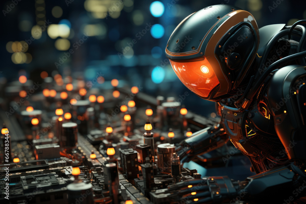 Poster micro-robots working within power grids to monitor and repair electrical connections. generative ai.