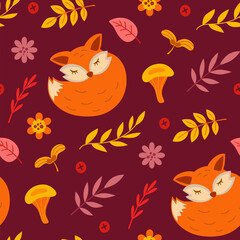 Autumn seamless pattern with cute fox - 667883408