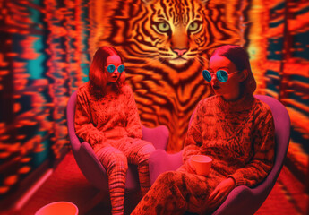 Two women in glasses sitting in purple chairs against a tiger twitcher.