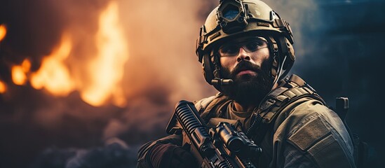 Soldier with a beard in special forces uniform engaged in perilous mission in enemy territory Focus on specific details - obrazy, fototapety, plakaty