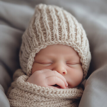 Newborn infant sleeping in knitted outfit close-up.  AI generated picture.