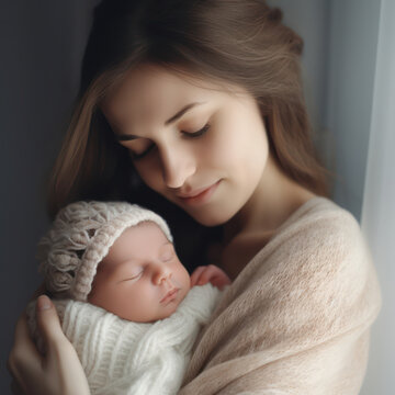 A mother holds a newborn baby. AI generated picture