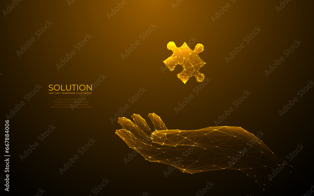 Poster abstract solution concept. jigsaw or puzzle pieces in a human hand. digital palm and one puzzle holo