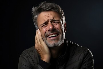 Fototapeta premium Man with a bad toothache puts his hands to his face