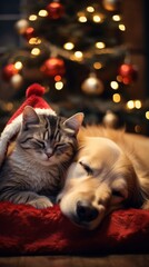 Golden retriever and tabby cat in santa hat near christmas tree