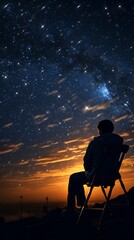 Silhouette of a man sitting on a chair looking at the milky way