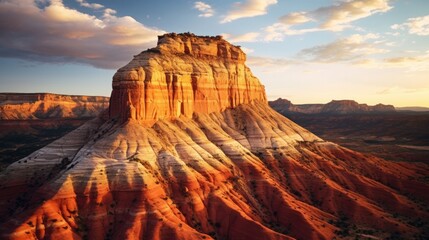 Aerial view of a sandstone Butte in Utah desert valley at sunset, Capitol Reef National Park, Hanksville, United States.