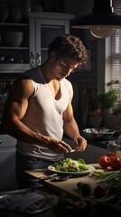 Handsome young man cooking healthy food in the kitchen at home