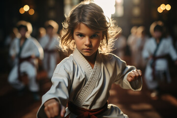 Children decked out in karate uniforms, executing precise moves in martial arts class. Concept of discipline in martial arts. Generative Ai. - obrazy, fototapety, plakaty