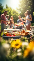 Group of friends having a barbecue party in the park. Selective focus - obrazy, fototapety, plakaty