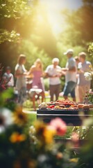 Group of friends having a barbecue party in the garden. Selective focus.