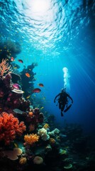 Scuba diver and colorful tropical coral reef in the Red Sea