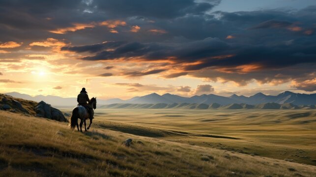 A man on horseback in the mountains at sunset, AI