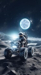 Astronaut on the alien planet or moon. Cosmonaut on a space rover against the background of the moon