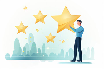 Customer Review good rating concept art illustration, man holding a big star in white background, vector concept, evaluation and classification concept, positive customer rating, testimonial template