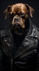 Portrait of a beautiful dog in leather jacket on black background