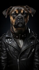 Obraz premium Portrait of a beautiful dog in leather jacket on black background