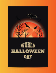 Halloween spooky background, scary pumpkins scene. Scary graveyard in creepy forest in october dark night autumn gloomy creepy graveyard with fog and lights. Happy Halloween outdoor backdrop concept.