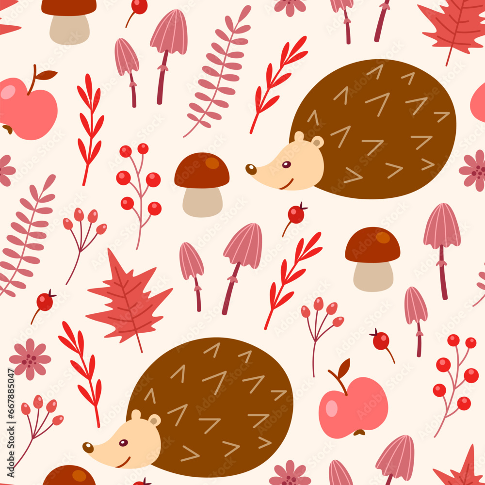 Sticker seamless pattern with cute hedgehog and mushrooms