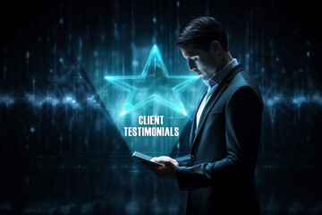 Star rating hologram is showing by a person, A person standing and looking at his mobile phone in front of a big digital star screen to review client testimonials and satisfaction ratings online - obrazy, fototapety, plakaty