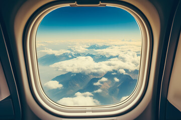 Naklejka premium Beautiful shot of mountains and a cloudy sky from the passenger airliner window.