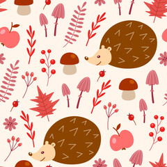 Seamless pattern with cute hedgehog and mushrooms