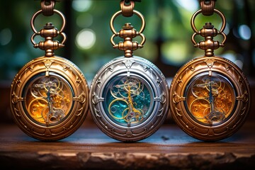 Time-traveling pocket watches, allowing glimpses into past and future moments - Generative AI - obrazy, fototapety, plakaty