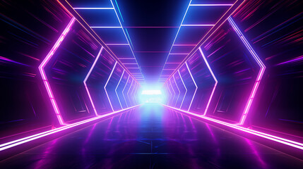 Cyber tunnel with blocks and technology gear, symmetry, minimal design, neon lights and lasers .