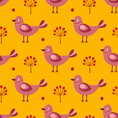 Autumn seamless pattern with cute birds - 667885089